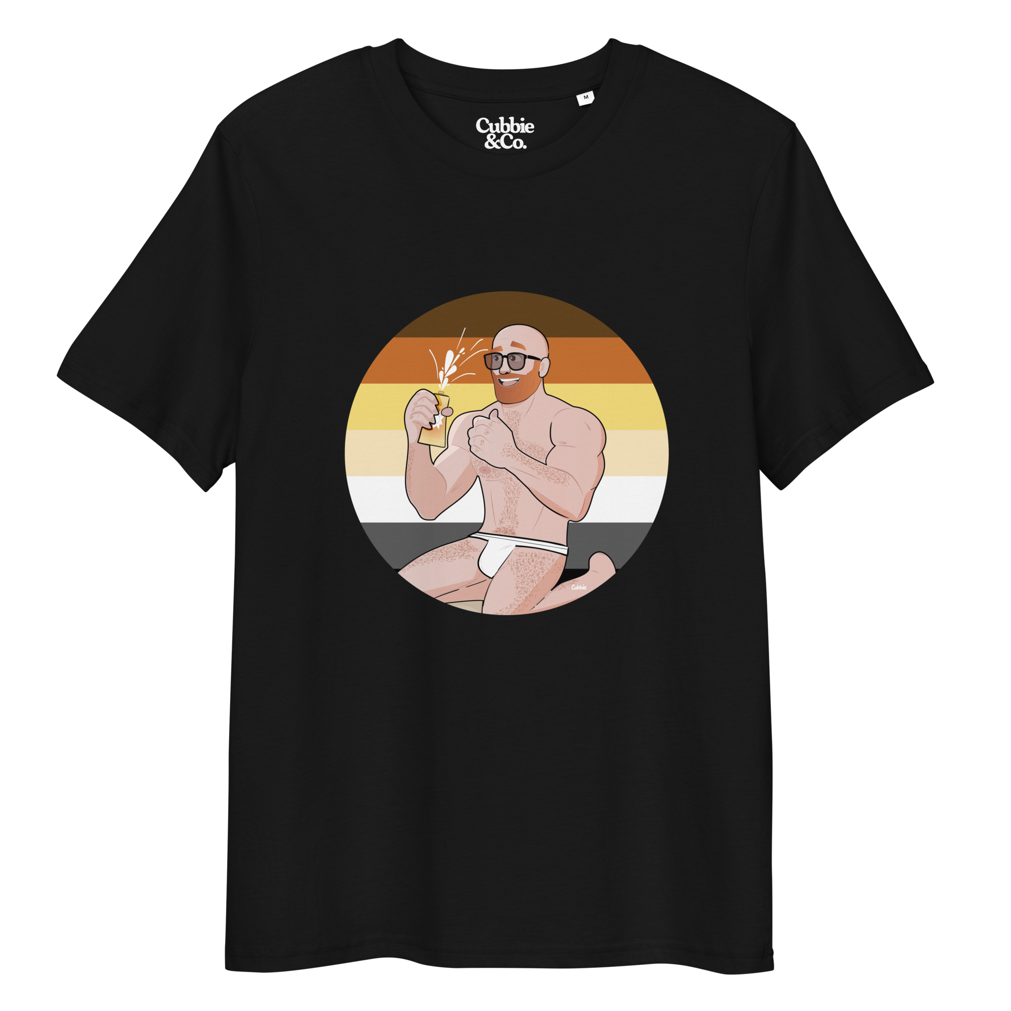 Black t-shirt featuring Aaron the beach bear posing in front of a Bear Pride Flag as suncream spurts over his tight budgie smugglers