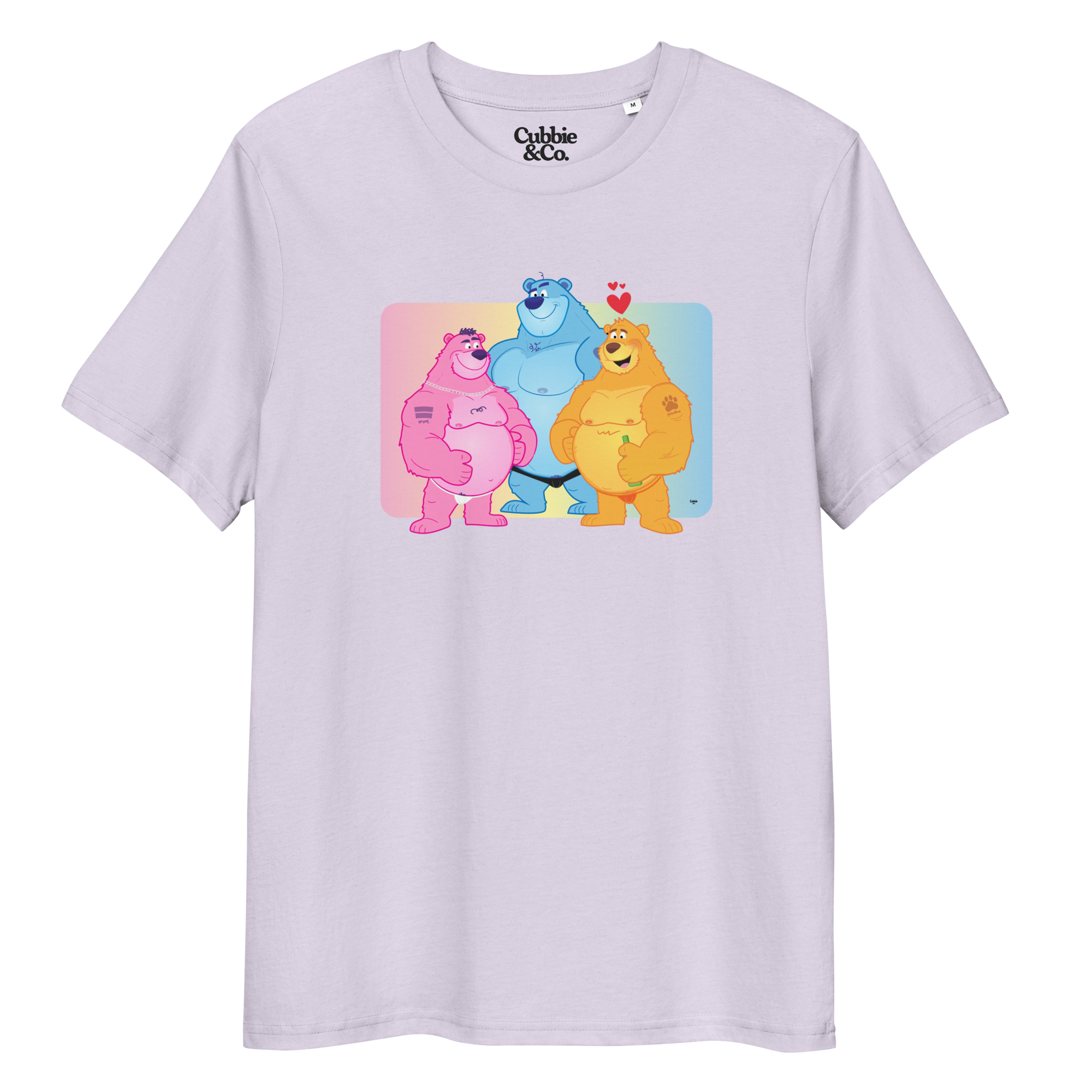 Light purple t-shirt featuring Jay, Knox and Oso bears posing in front of a rainbow gradient background