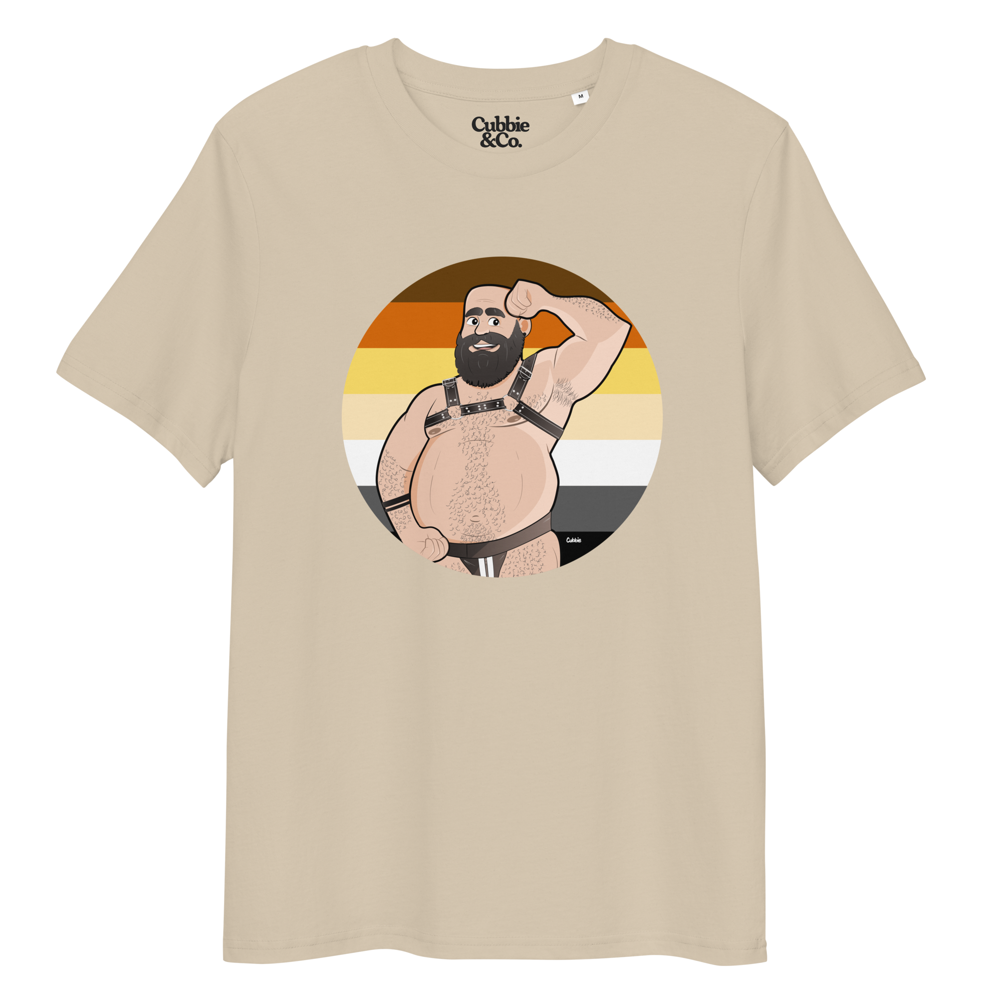 Desert dust t-shirt featuring Dougie the leather bear posing in front of a Bear Pride Flag, wearing a leather harness and jockstrap