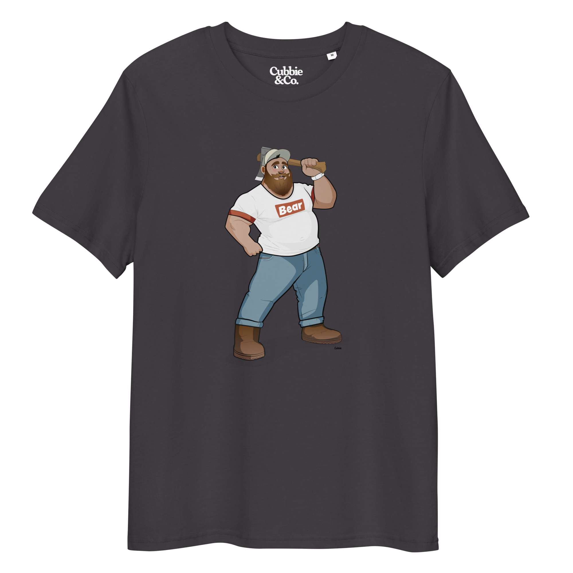 Dark grey t-shirt featuring Evan the lumberjack wearing a ‘Bear’ wordmark tee, holding an axe