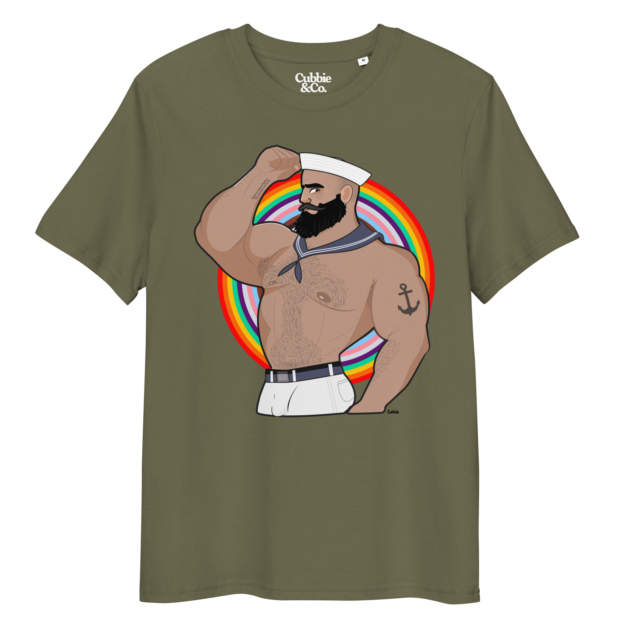 Khaki t-shirt featuring Kitt the sailor shirtless with white sailor hat and pants, saluting and flexing, with anchor tattoo in front of a Pride rainbow