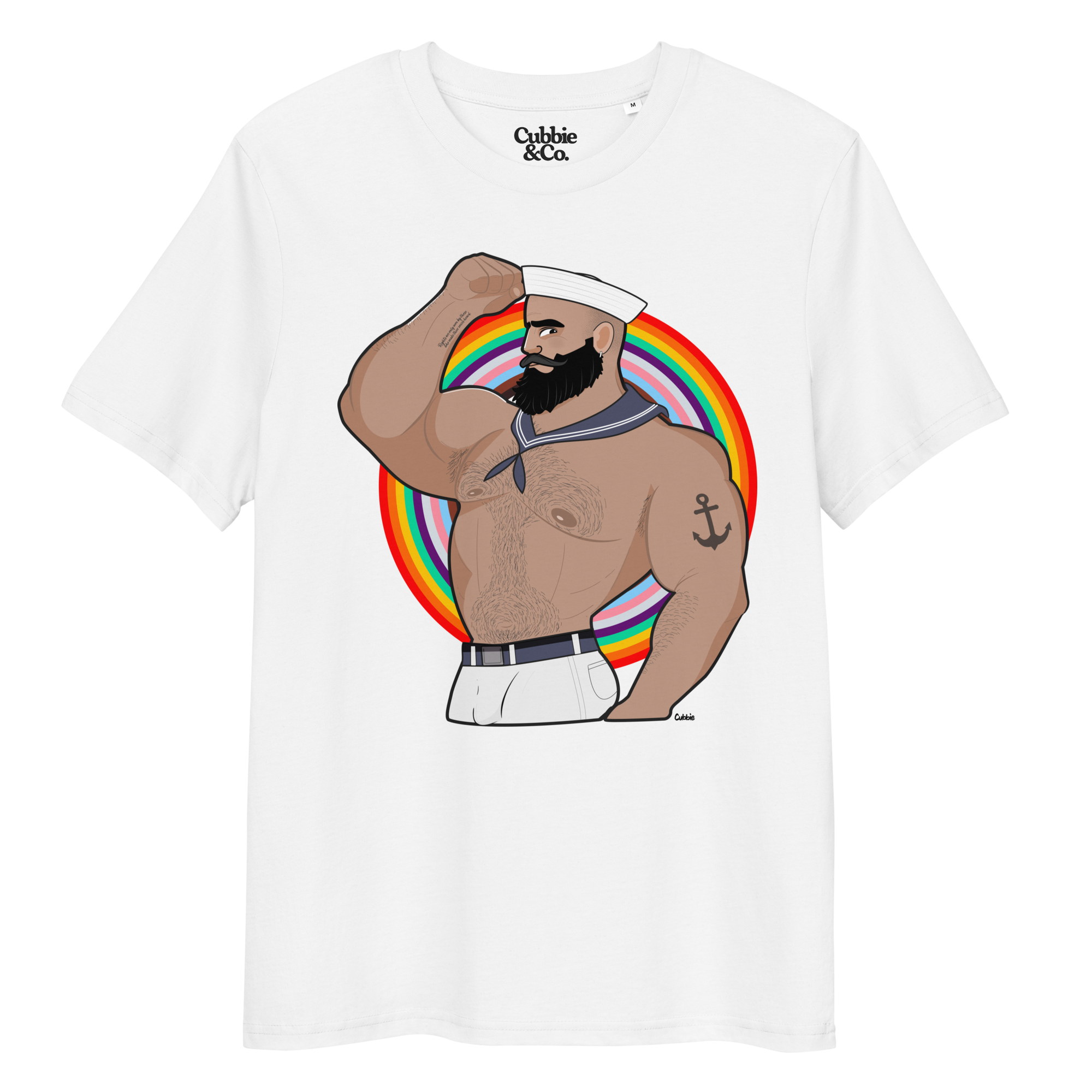 White t-shirt featuring Kitt the sailor shirtless with white sailor hat and pants, saluting and flexing, with anchor tattoo in front of a Pride rainbow