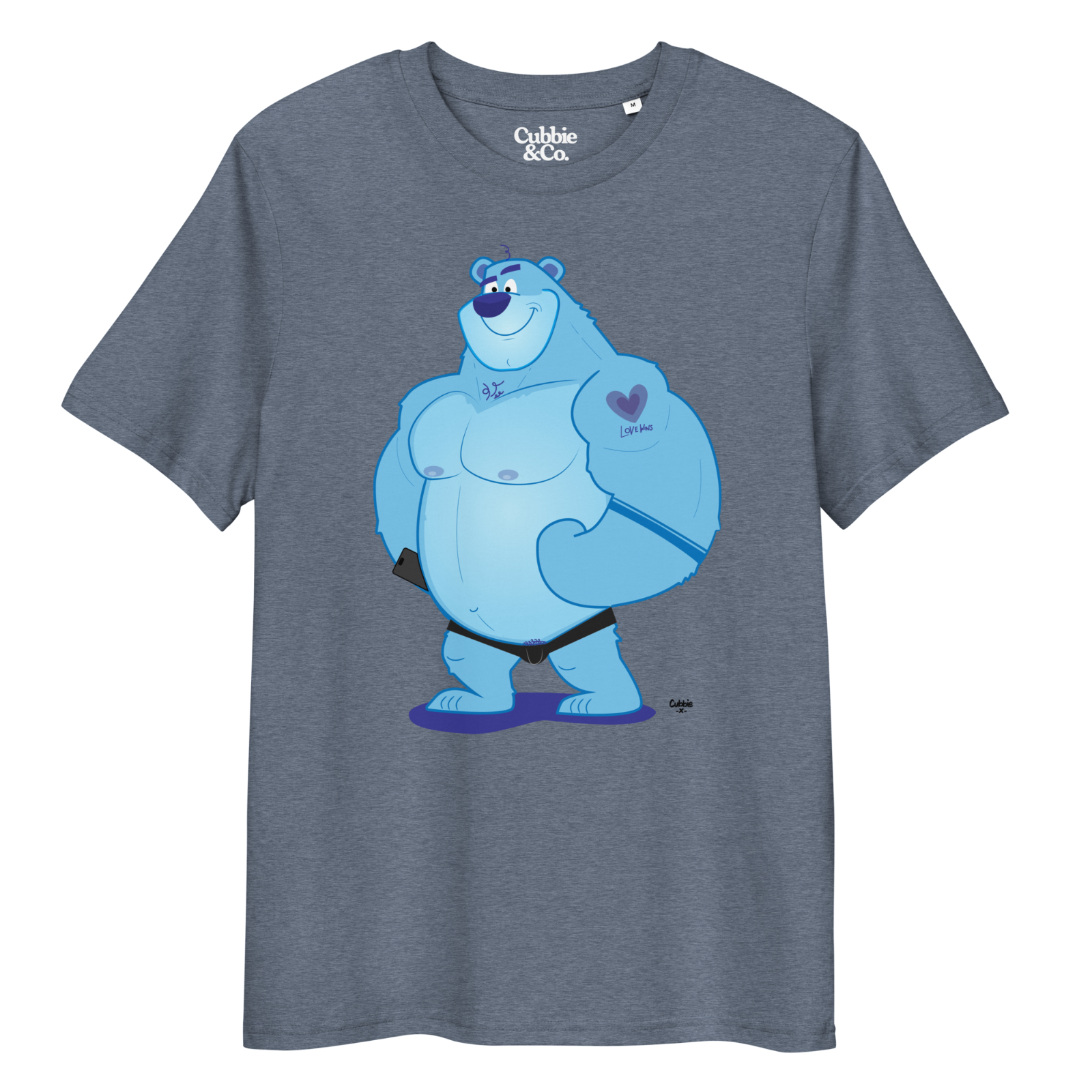Heather blue t-shirt featuring Knox the muscle bear, always ready to bring in the hugs