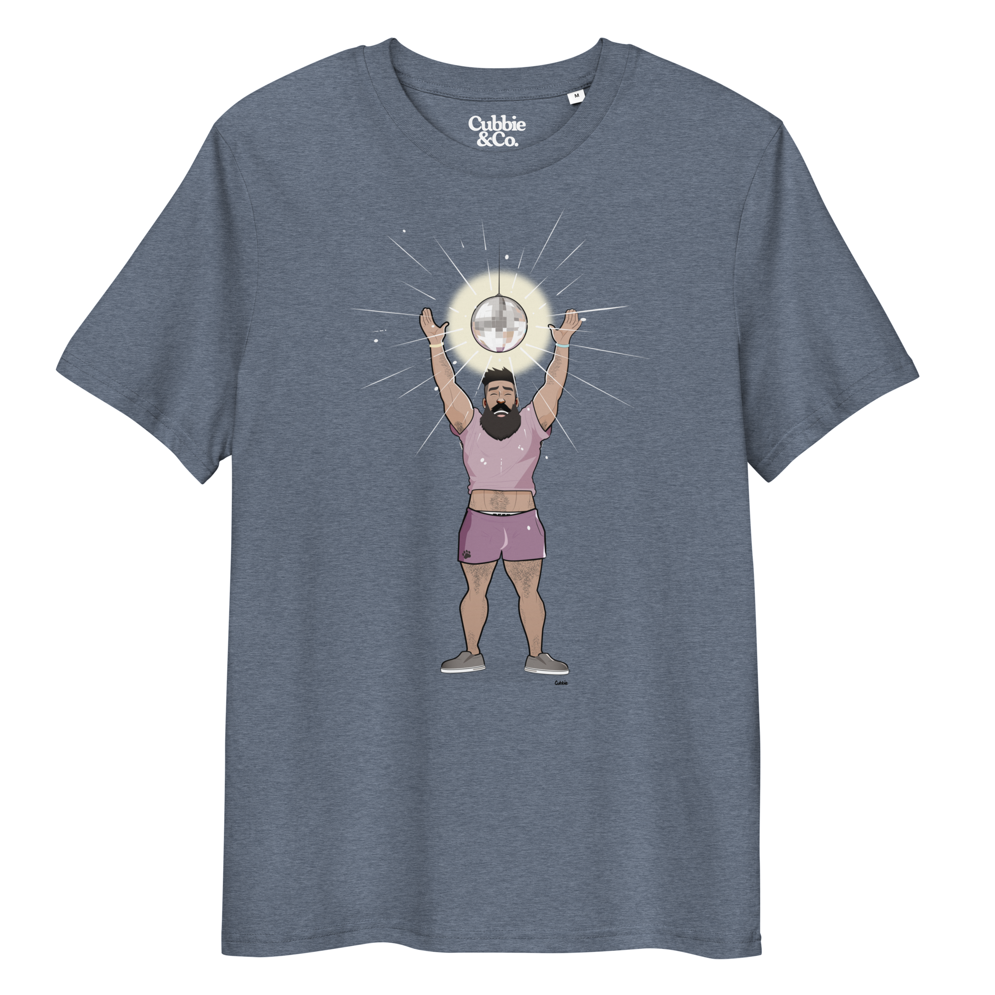 Heather blue t-shirt featuring Luis the Disco Bear with arms raised beneath a disco ball