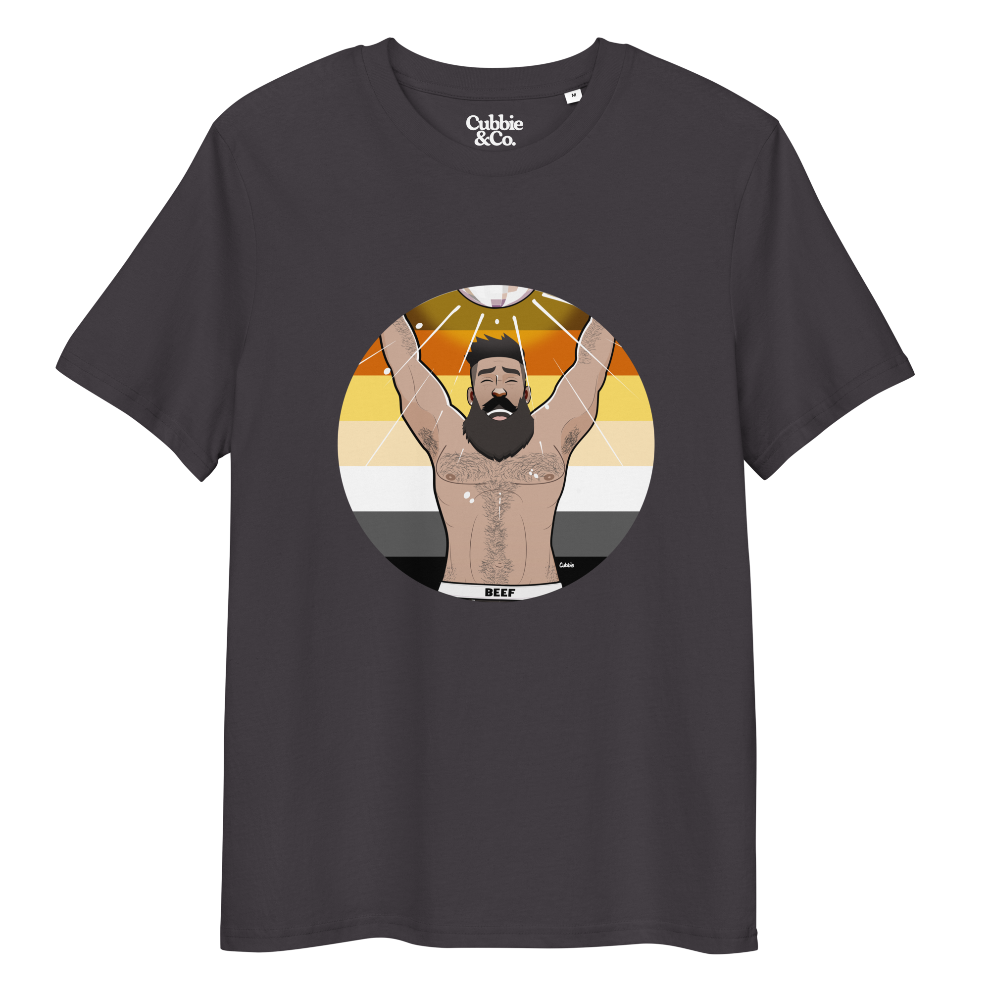 Dark grey t-shirt featuring Luis the Disco Bear posing in front of a Bear Pride Flag with arms raised beneath a disco ball