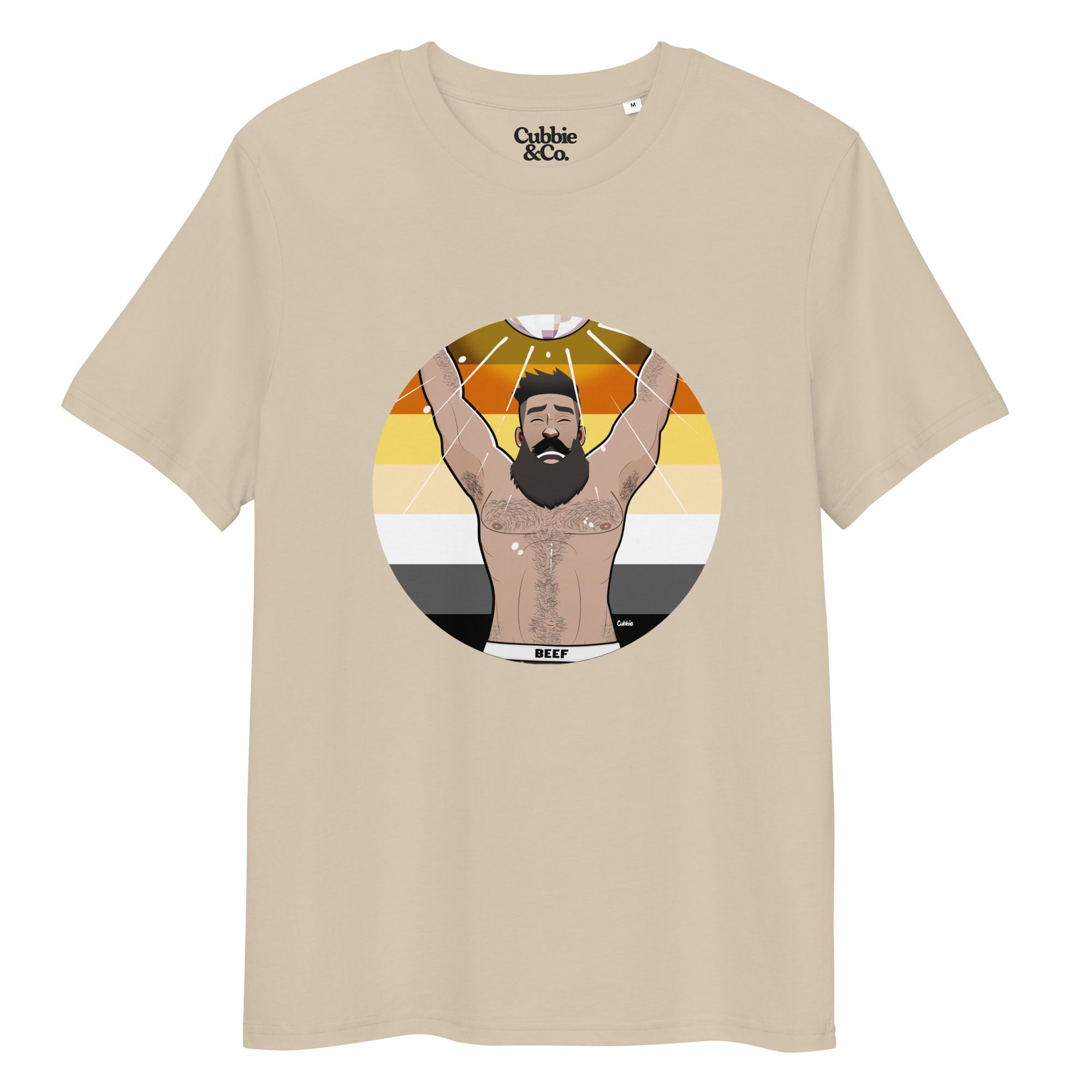 Desert dust t-shirt featuring Luis the Disco Bear posing in front of a Bear Pride Flag with arms raised beneath a disco ball