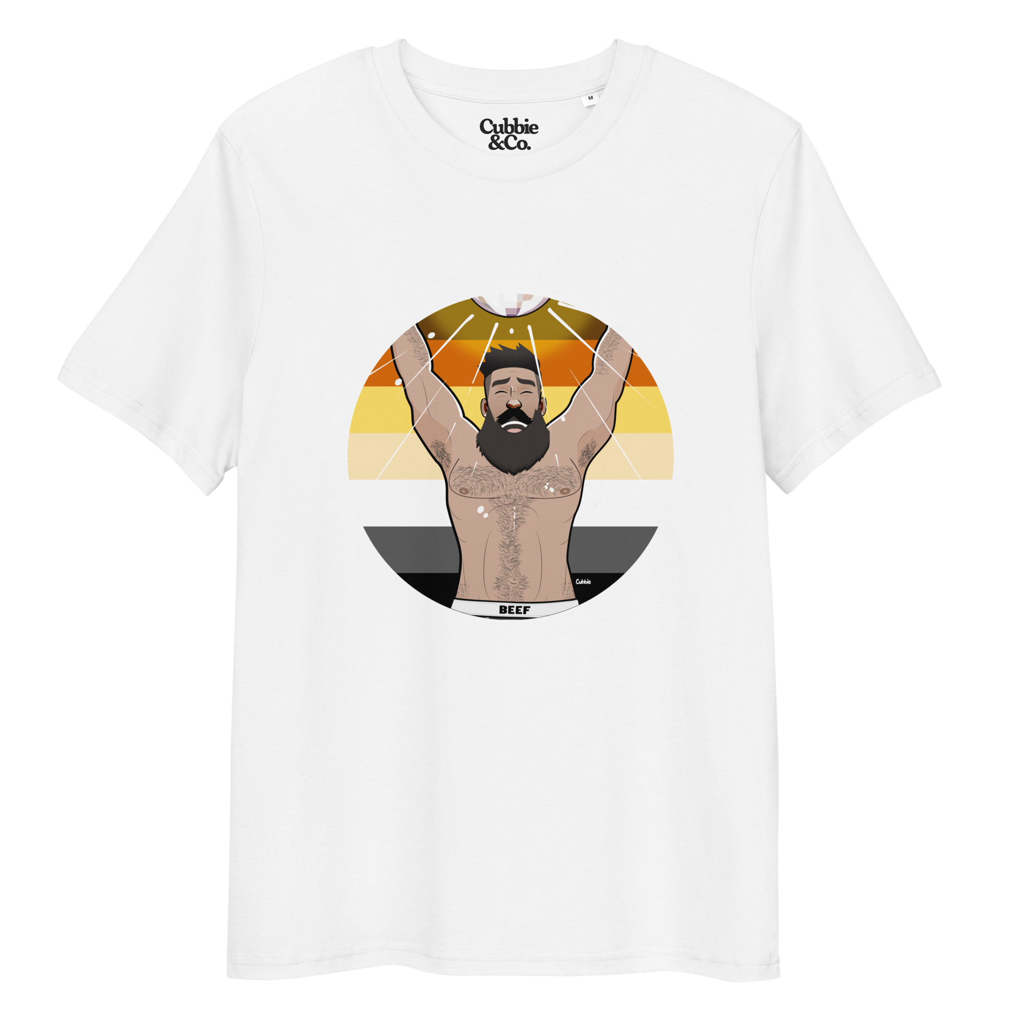 White t-shirt featuring Luis the Disco Bear posing in front of a Bear Pride Flag with arms raised beneath a disco ball