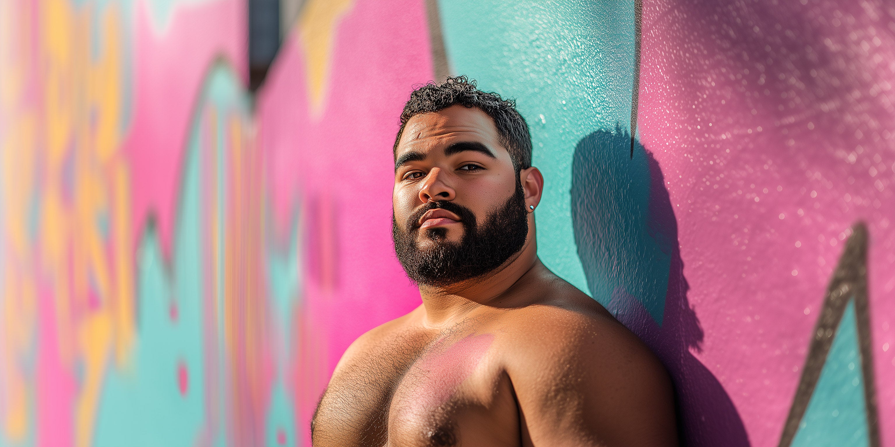 Man with a beard leaning against a colourful graffiti wall