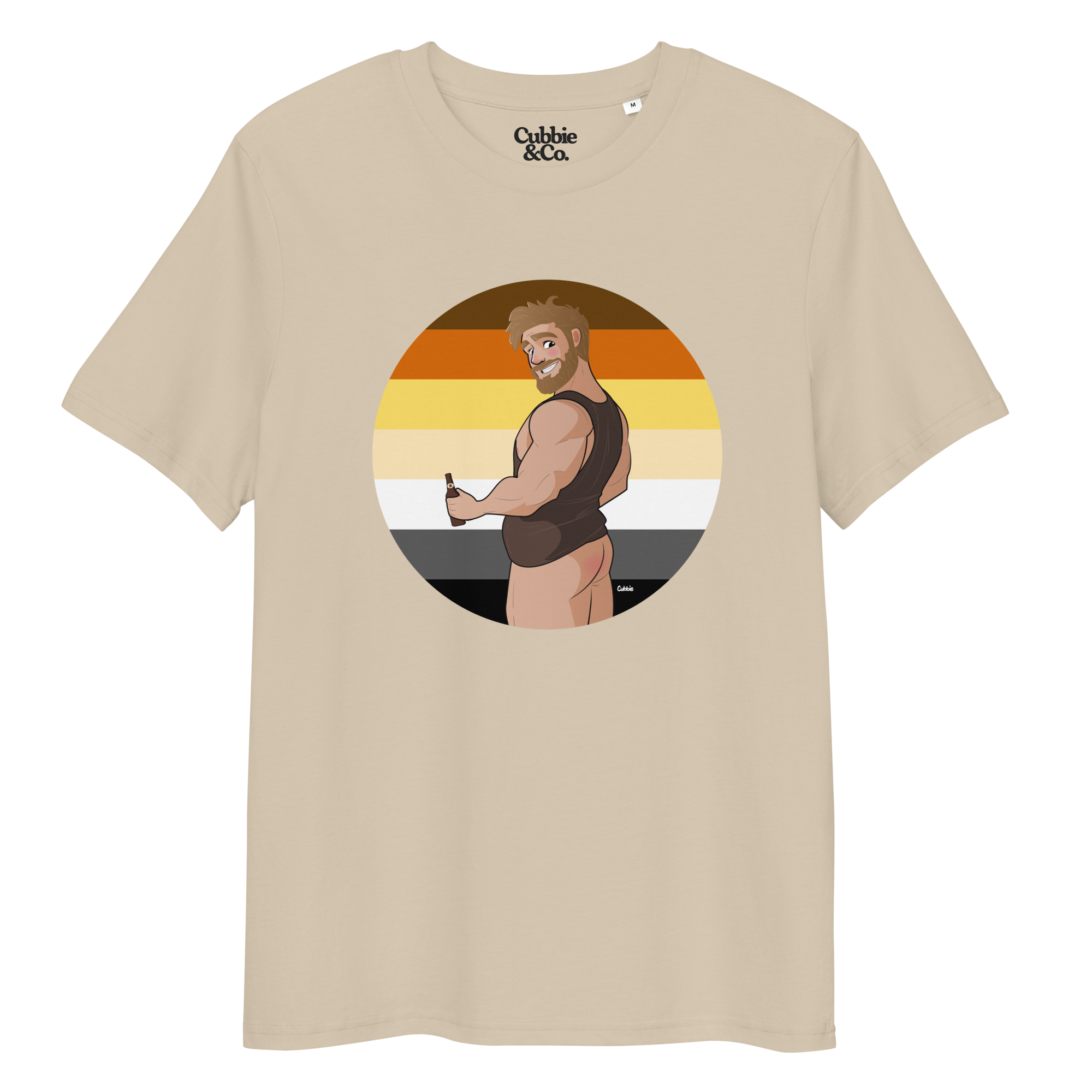 Desert dust t-shirt of Will the Muscle Cub posing in front of a Bear Pride, holding a bottle of beer, with his bottom playfully on show