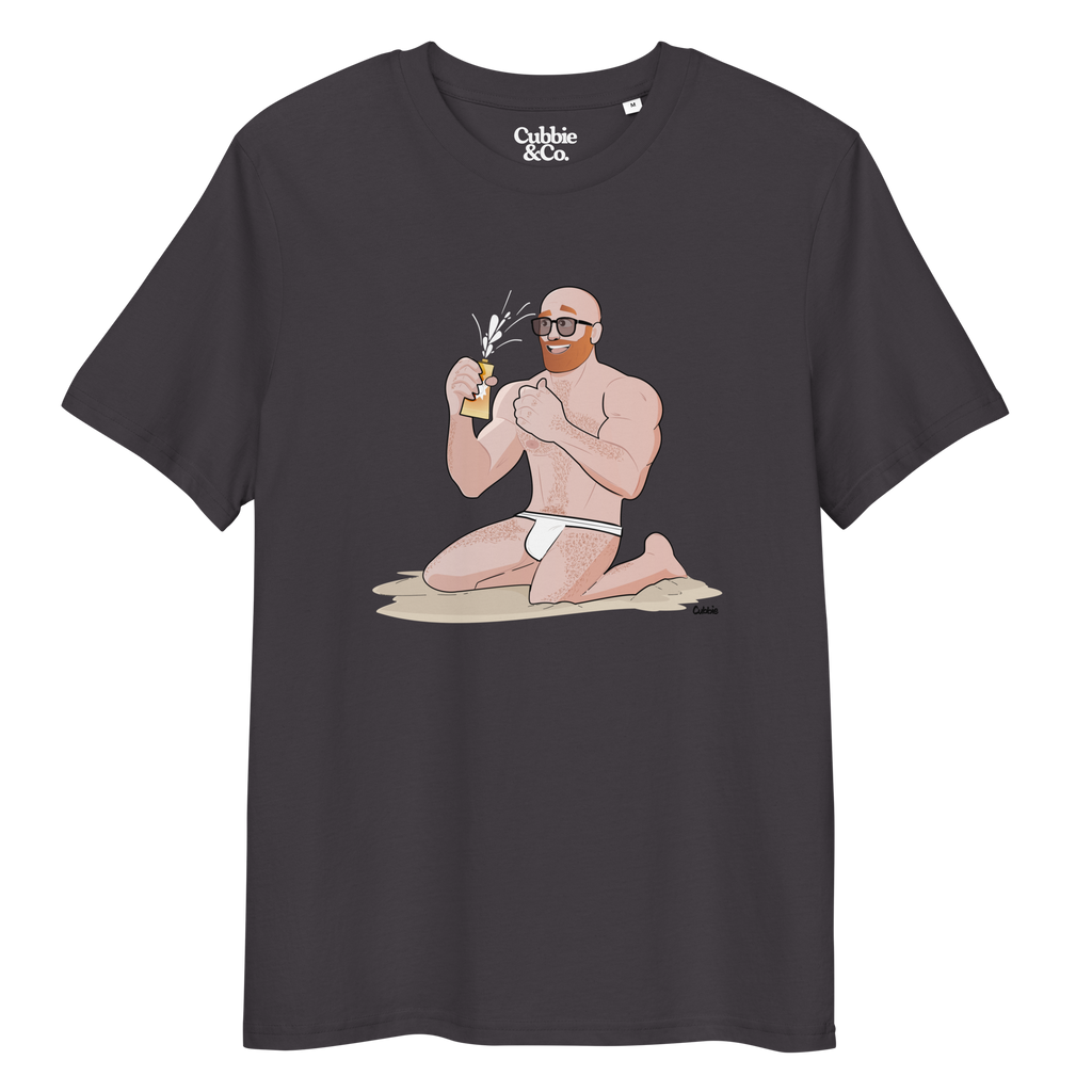 Anthracite t-shirt featuring Aaron the beach bear caught as suncream spurts over his tight budgie smugglers