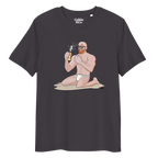 Anthracite t-shirt featuring Aaron the beach bear caught as suncream spurts over his tight budgie smugglers