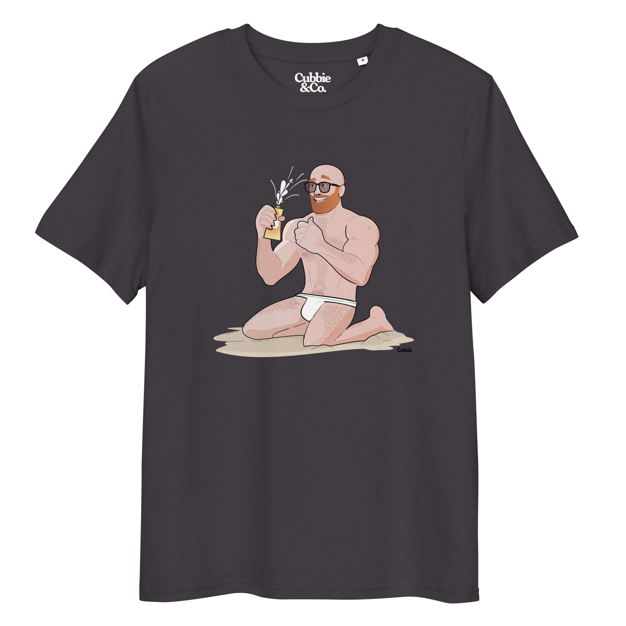 Anthracite t-shirt featuring Aaron the beach bear caught as suncream spurts over his tight budgie smugglers