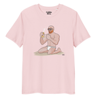 Cotton pink t-shirt featuring Aaron the beach bear caught as suncream spurts over his tight budgie smugglers