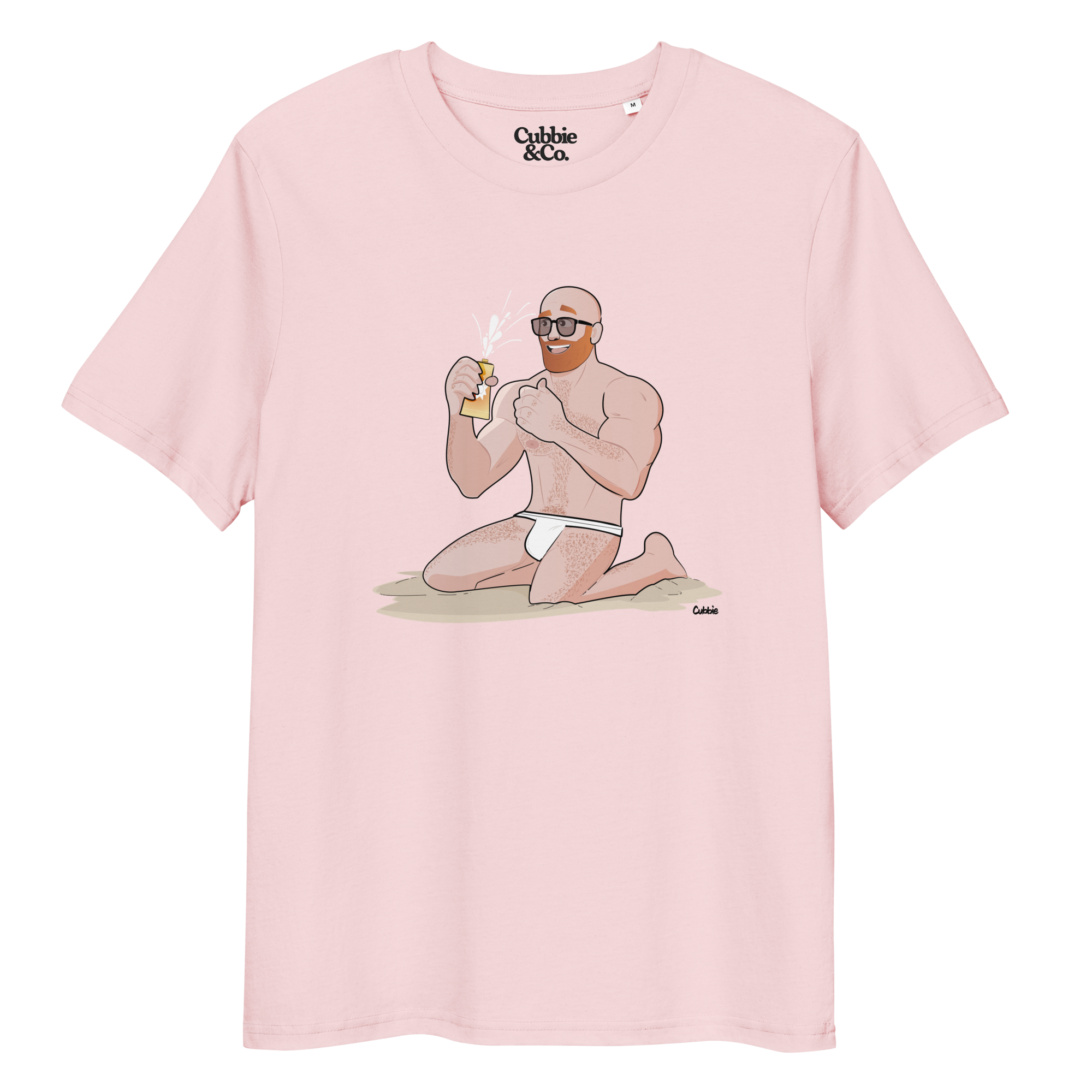 Cotton pink t-shirt featuring Aaron the beach bear caught as suncream spurts over his tight budgie smugglers