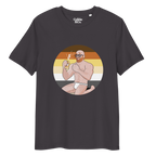 Anthracite t-shirt featuring Aaron the beach bear posing in front of a Bear Pride Flag as suncream spurts over his tight budgie smugglers
