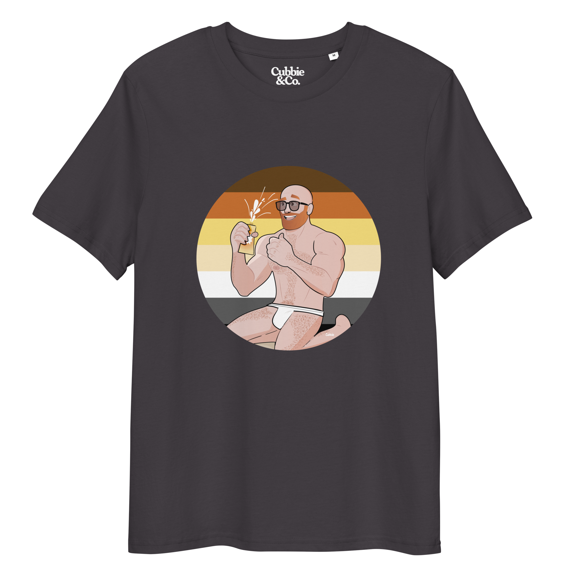 Anthracite t-shirt featuring Aaron the beach bear posing in front of a Bear Pride Flag as suncream spurts over his tight budgie smugglers