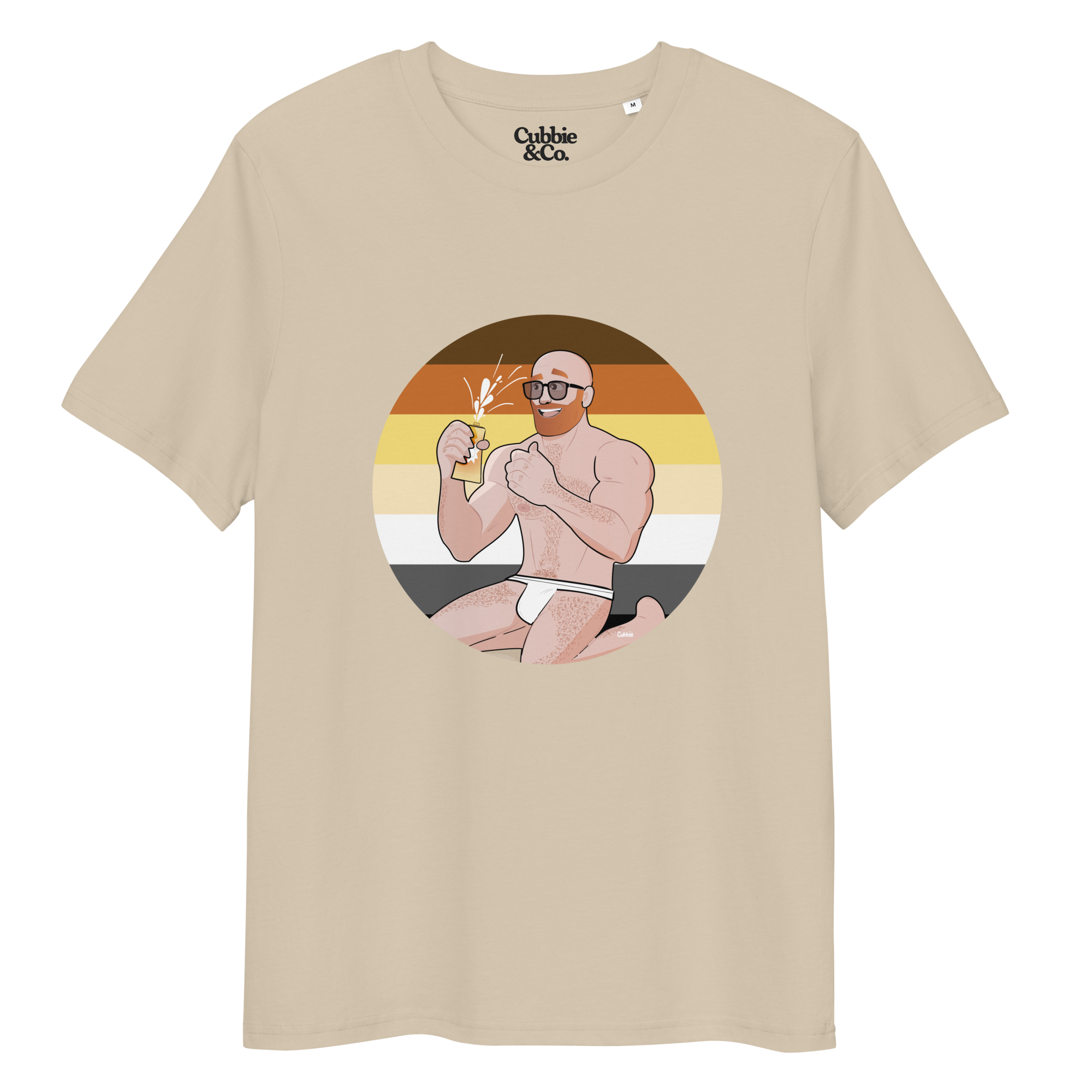 Desert dust t-shirt featuring Aaron the beach bear posing in front of a Bear Pride Flag as suncream spurts over his tight budgie smugglers