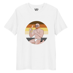 White t-shirt featuring Aaron the beach bear posing in front of a Bear Pride Flag as suncream spurts over his tight budgie smugglers