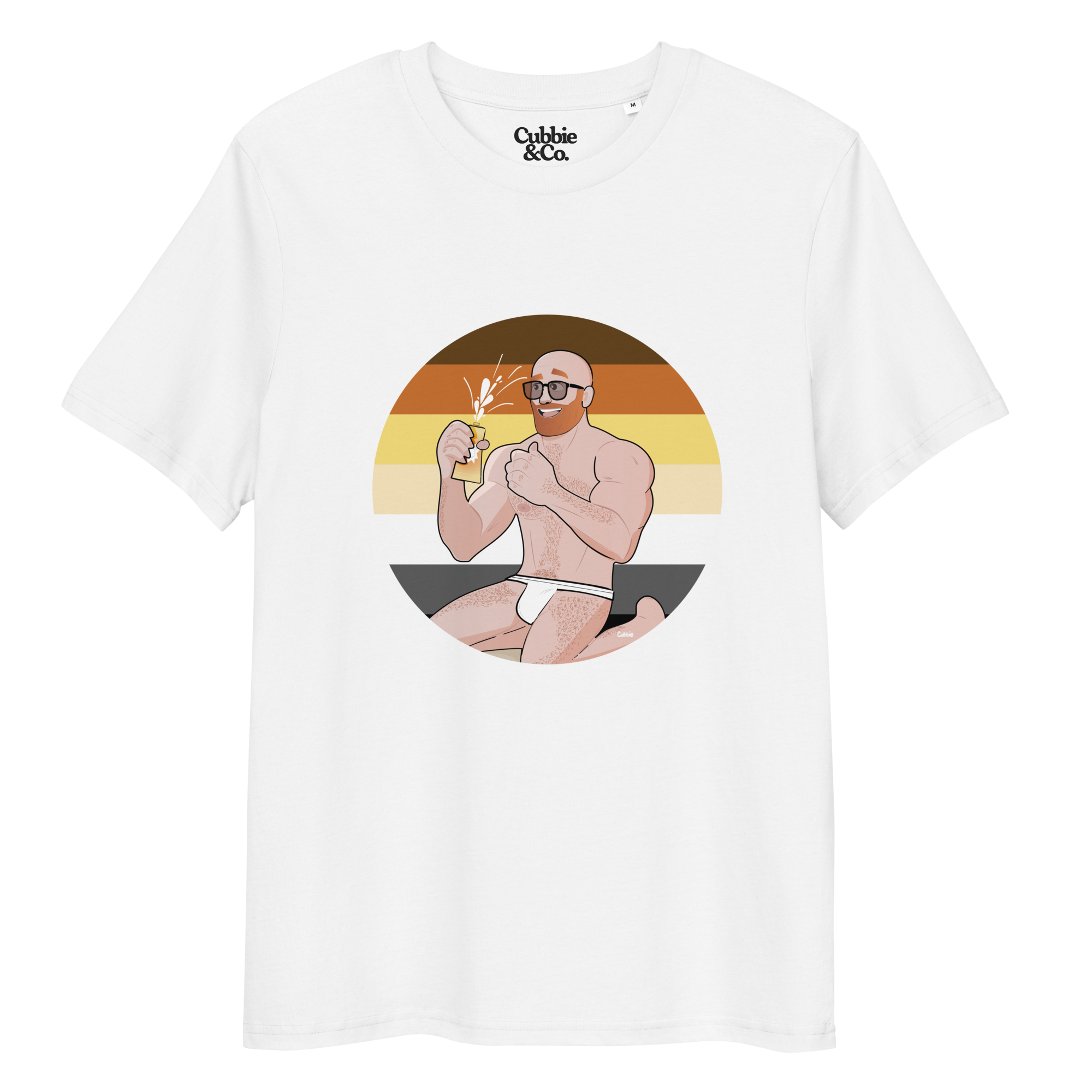 White t-shirt featuring Aaron the beach bear posing in front of a Bear Pride Flag as suncream spurts over his tight budgie smugglers