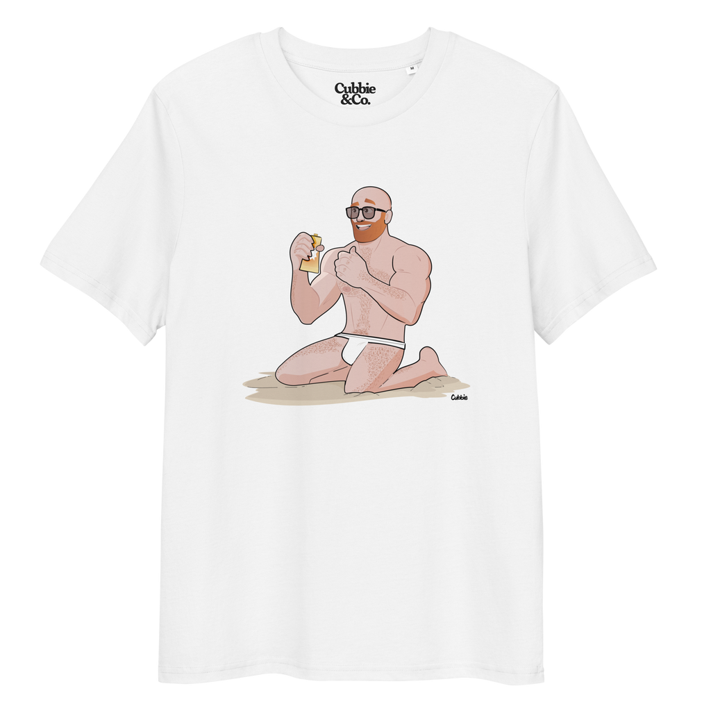 White t-shirt featuring Aaron the beach bear caught as suncream spurts over his tight budgie smugglers