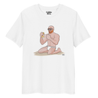 White t-shirt featuring Aaron the beach bear caught as suncream spurts over his tight budgie smugglers