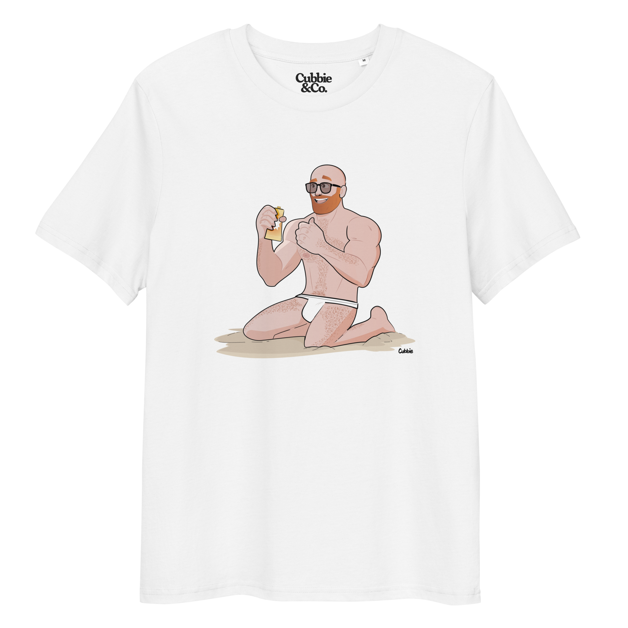 White t-shirt featuring Aaron the beach bear caught as suncream spurts over his tight budgie smugglers