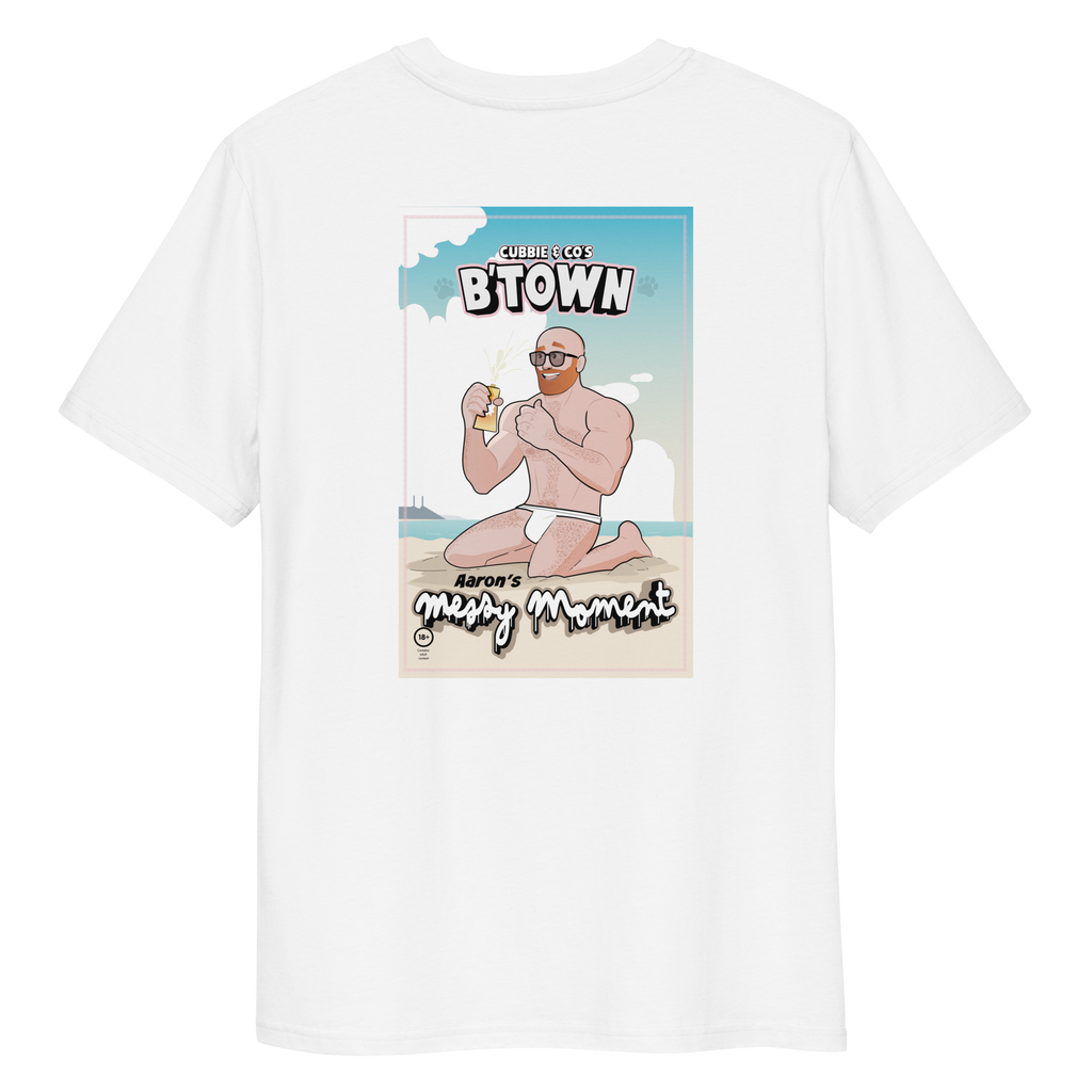 Back view of a white t-shirt featuring Aaron and tight budgie smugglers