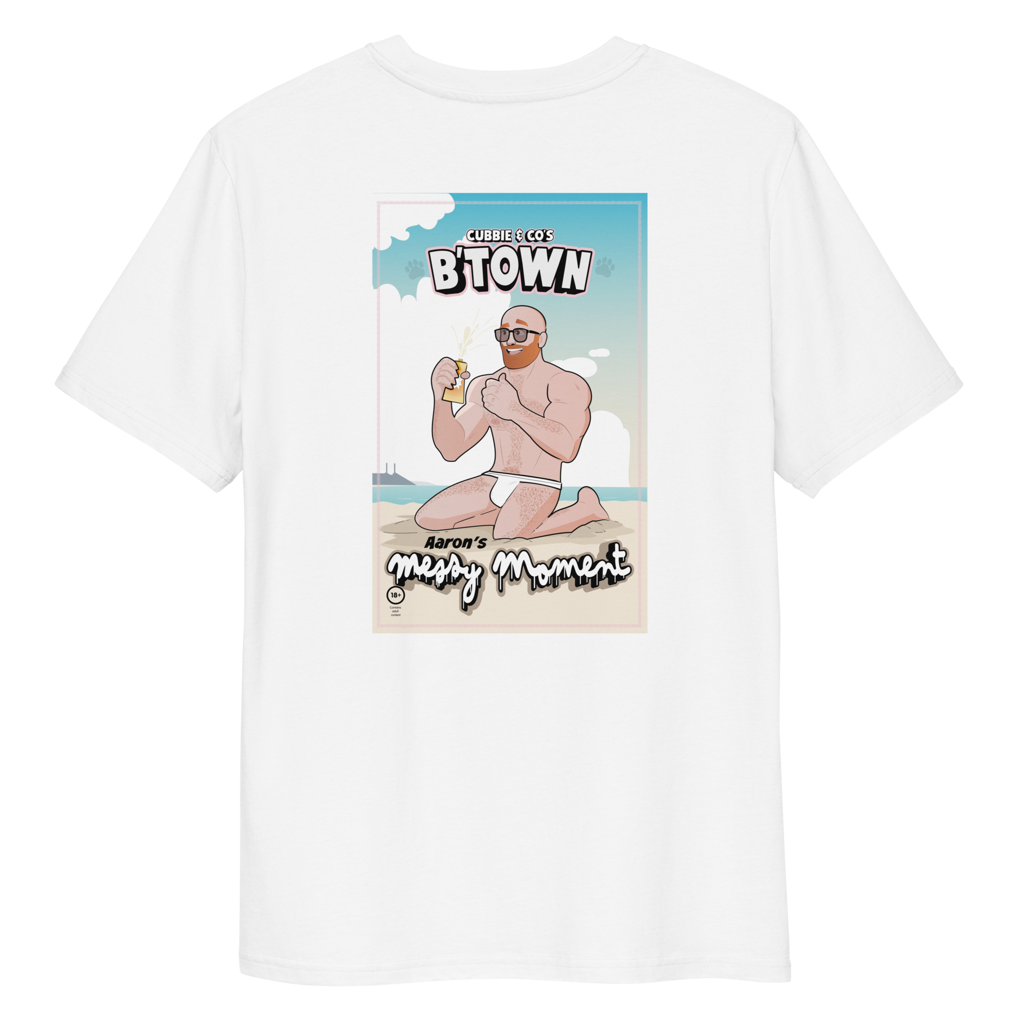 Back view of a white t-shirt featuring Aaron and tight budgie smugglers
