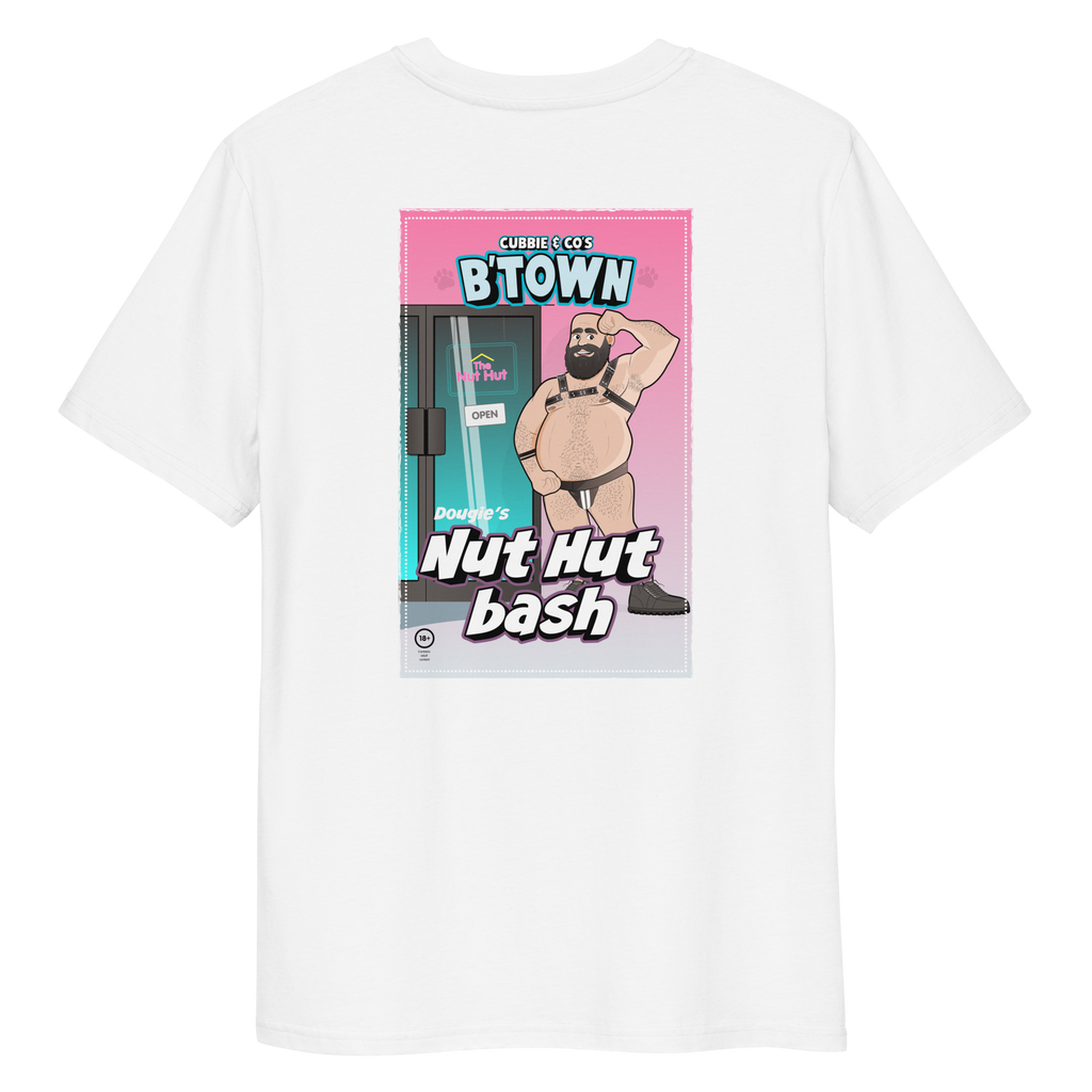 Back view of a white t-shirt featuring Dougie posing in the Nut Hut, wearing a leather harness and jockstrap