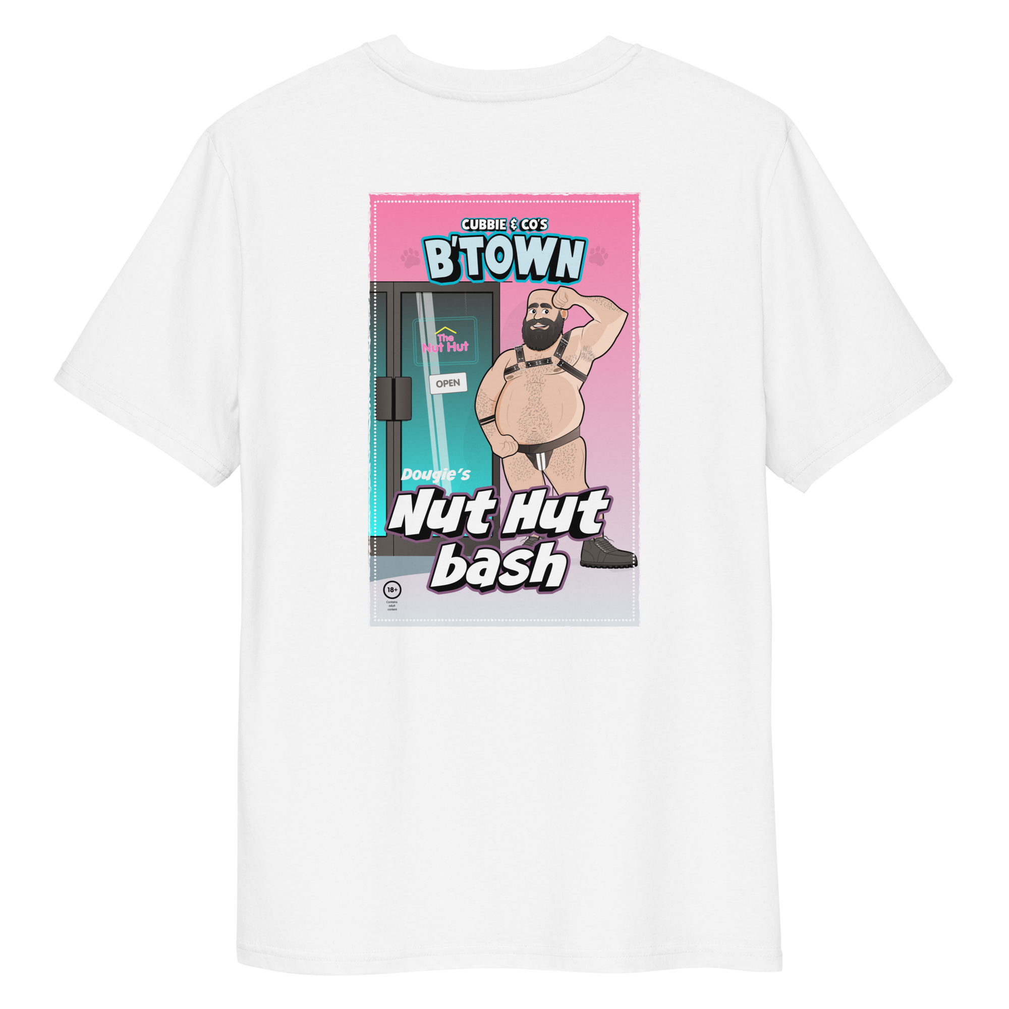 Back view of a white t-shirt featuring Dougie posing in the Nut Hut, wearing a leather harness and jockstrap