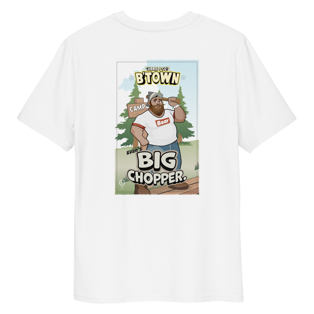 Back view of a white t-shirt featuring Evan the lumberjack posing with an axe in front of a ‘Camp’ sign, wearing a wordmark tee that reads ‘Bear’