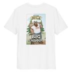 Back view of a white t-shirt featuring Evan the lumberjack posing with an axe in front of a ‘Camp’ sign, wearing a wordmark tee that reads ‘Bear’