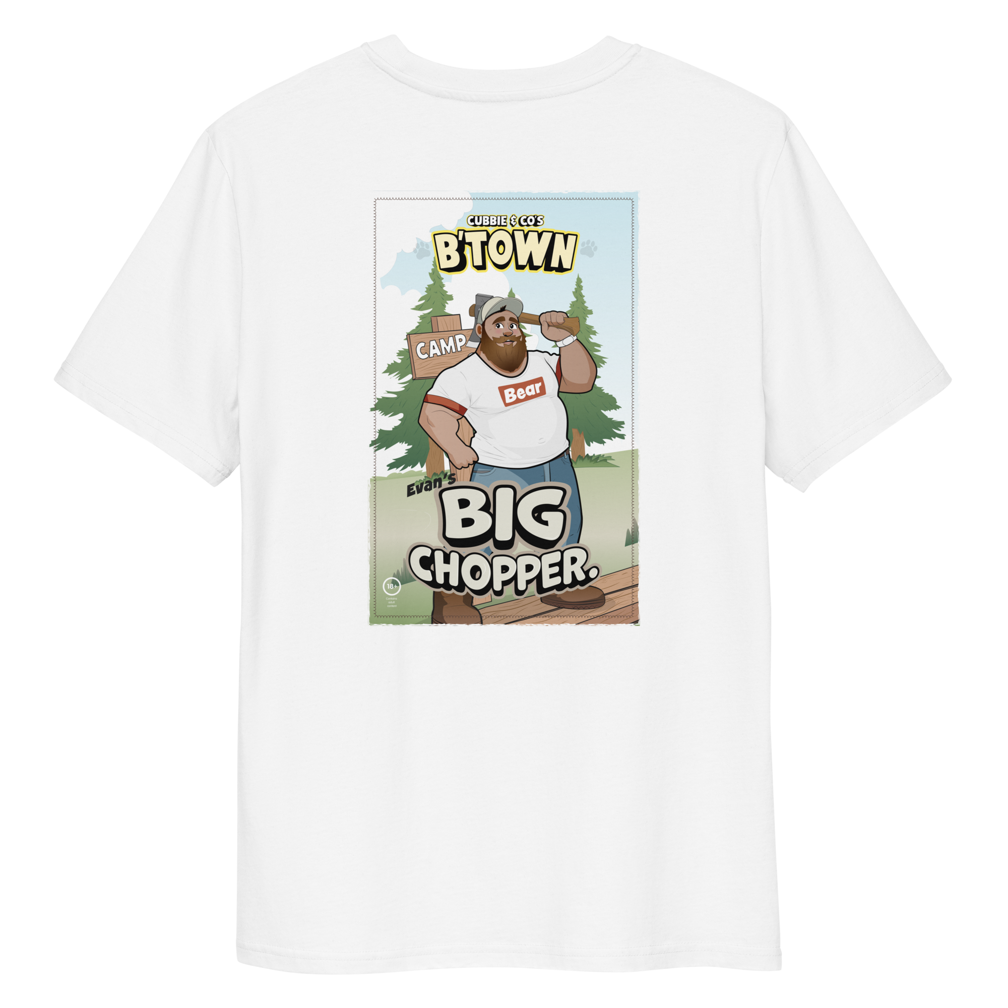 Back view of a white t-shirt featuring Evan the lumberjack posing with an axe in front of a ‘Camp’ sign, wearing a wordmark tee that reads ‘Bear’