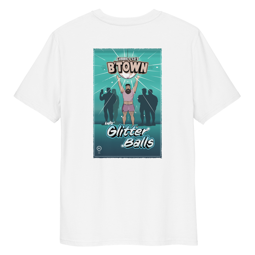 Back view of a white t-shirt featuring Luis and his glitter ball wearing a t-shirt and short shorts