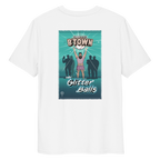 Back view of a white t-shirt featuring Luis and his glitter ball wearing a t-shirt and short shorts