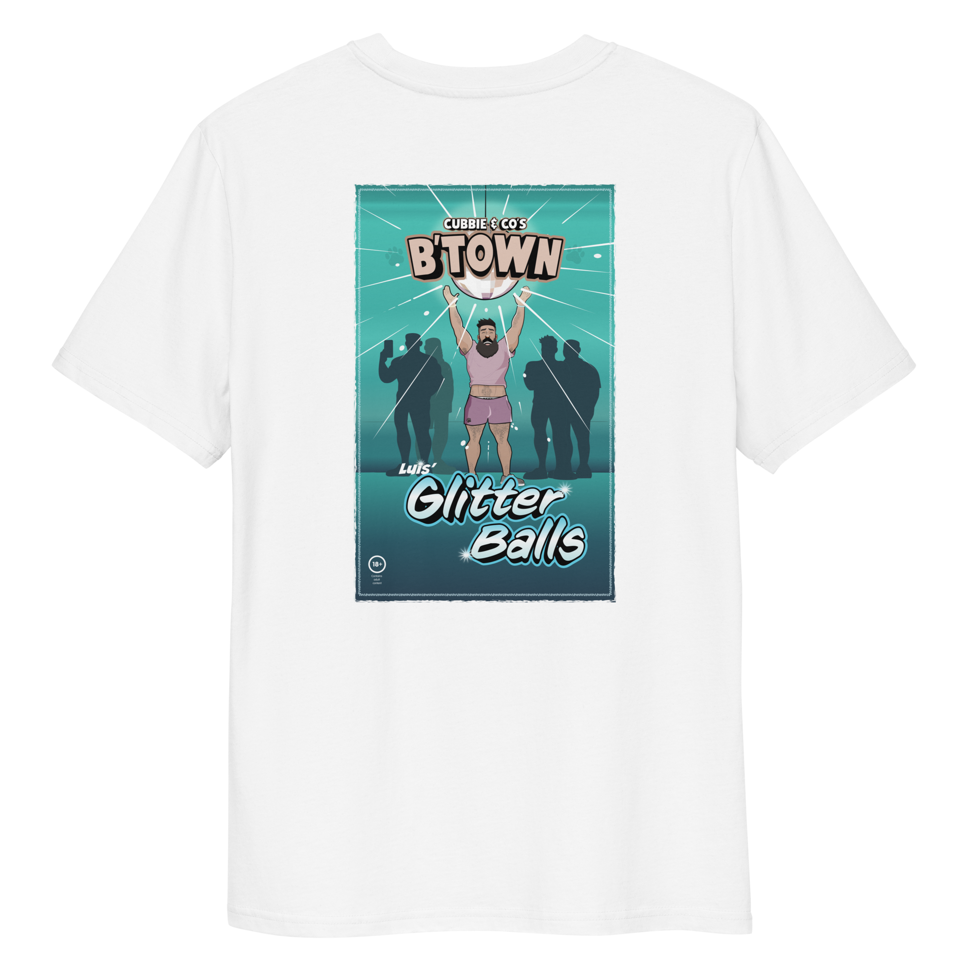 Back view of a white t-shirt featuring Luis and his glitter ball wearing a t-shirt and short shorts