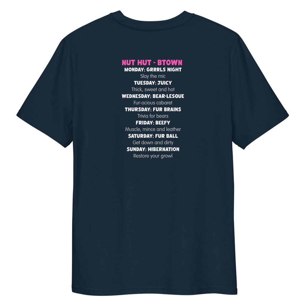Back view of a french navy blue t-shirt featuring the weekly line-up from the fictional Bear bar the Nut Hut