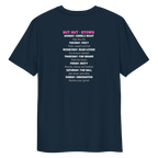 Back view of a french navy blue t-shirt featuring the weekly line-up from the fictional Bear bar the Nut Hut