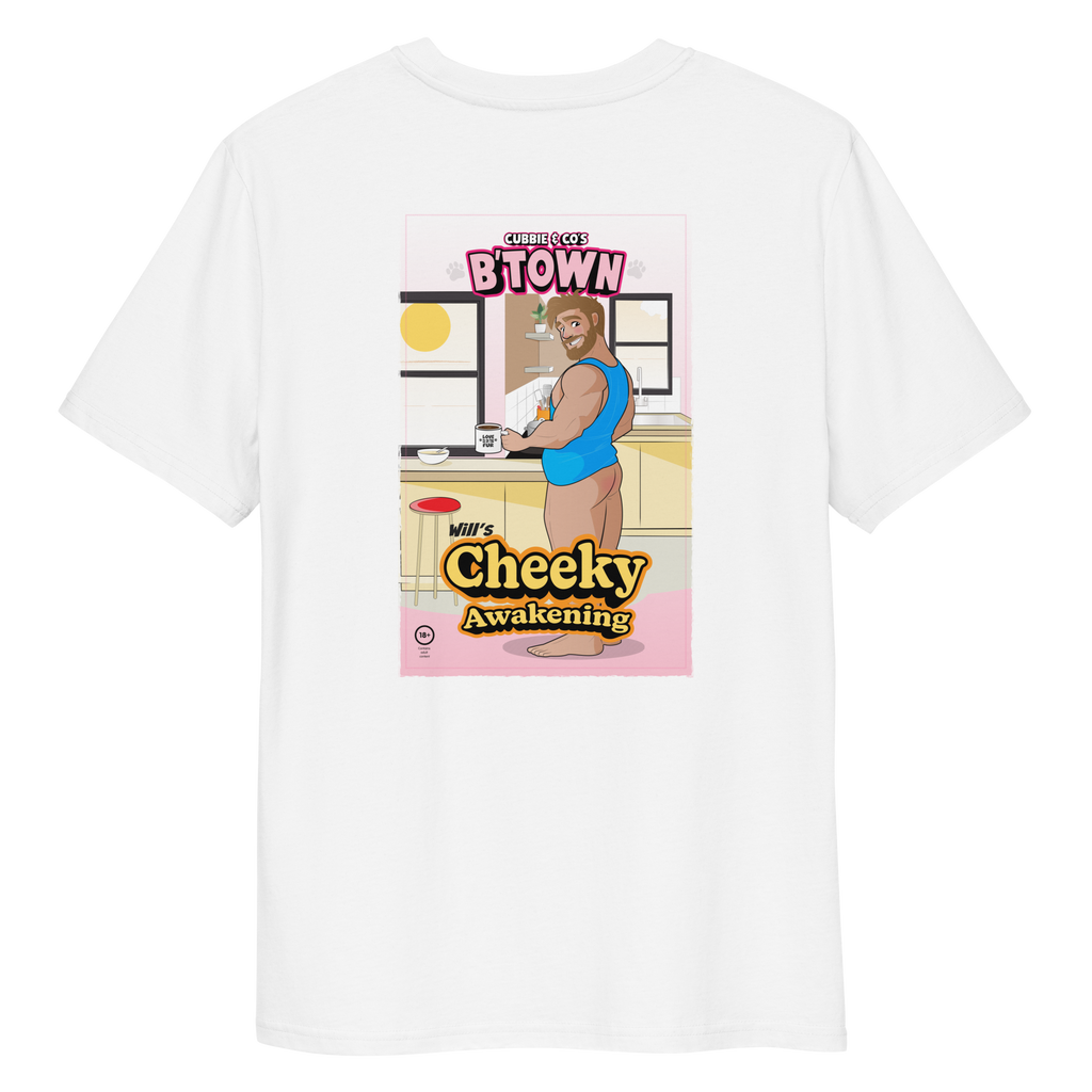 Back view of a white t-shirt featuring Will the morning-after, wearing a vest and nothing else