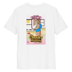 Back view of a white t-shirt featuring Will the morning-after, wearing a vest and nothing else