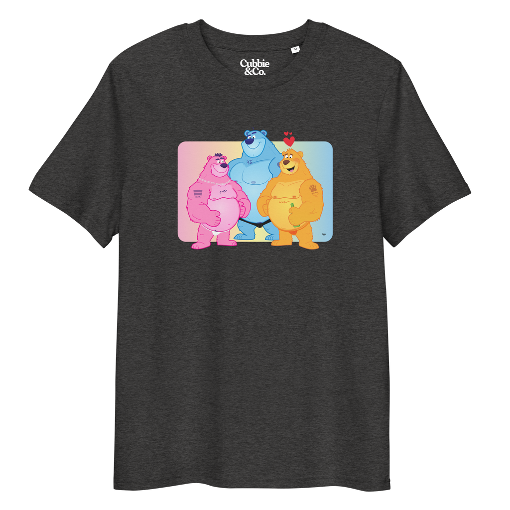 Anthracite t-shirt featuring Jay, Knox and Oso bears posing in front of a rainbow gradient background