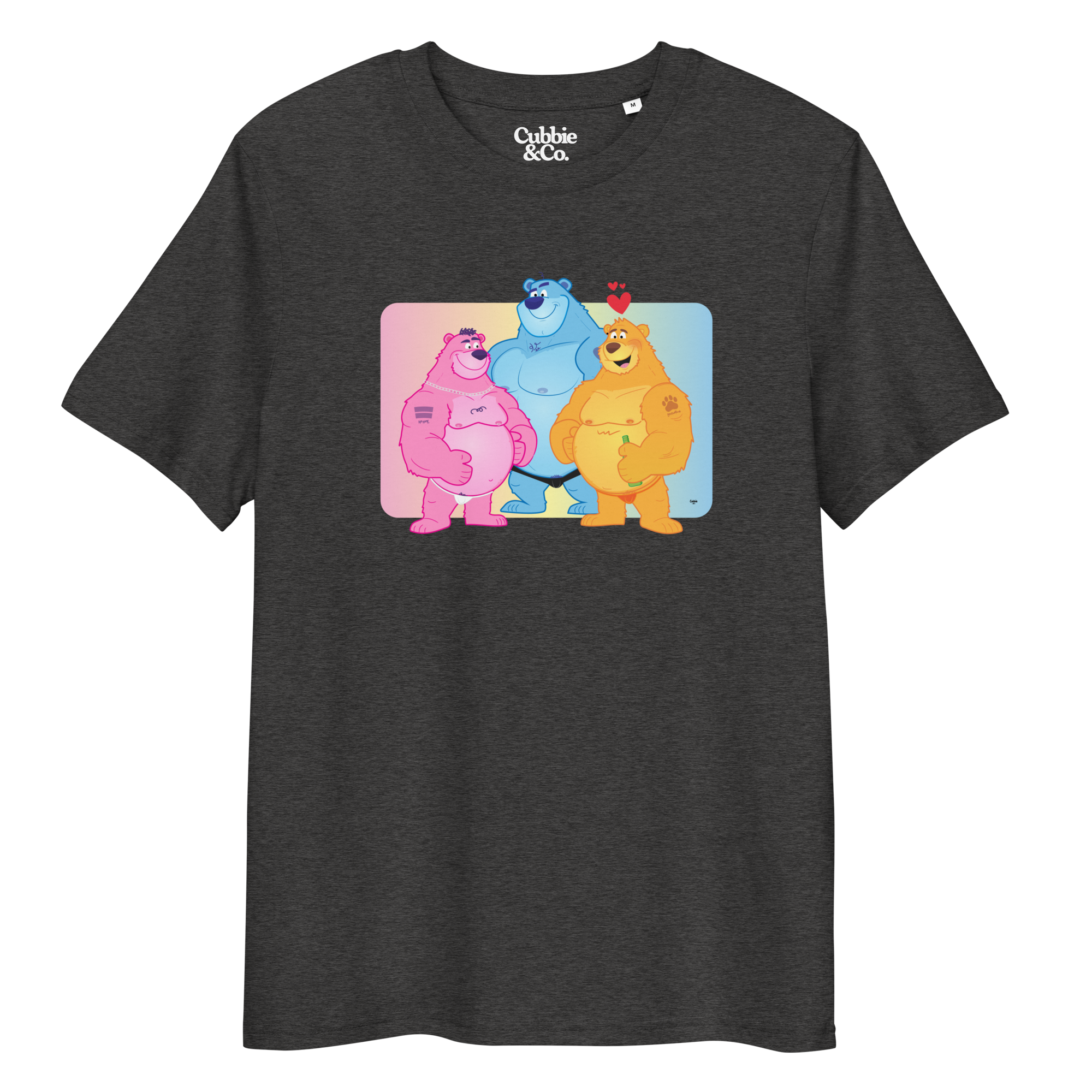 Anthracite t-shirt featuring Jay, Knox and Oso bears posing in front of a rainbow gradient background
