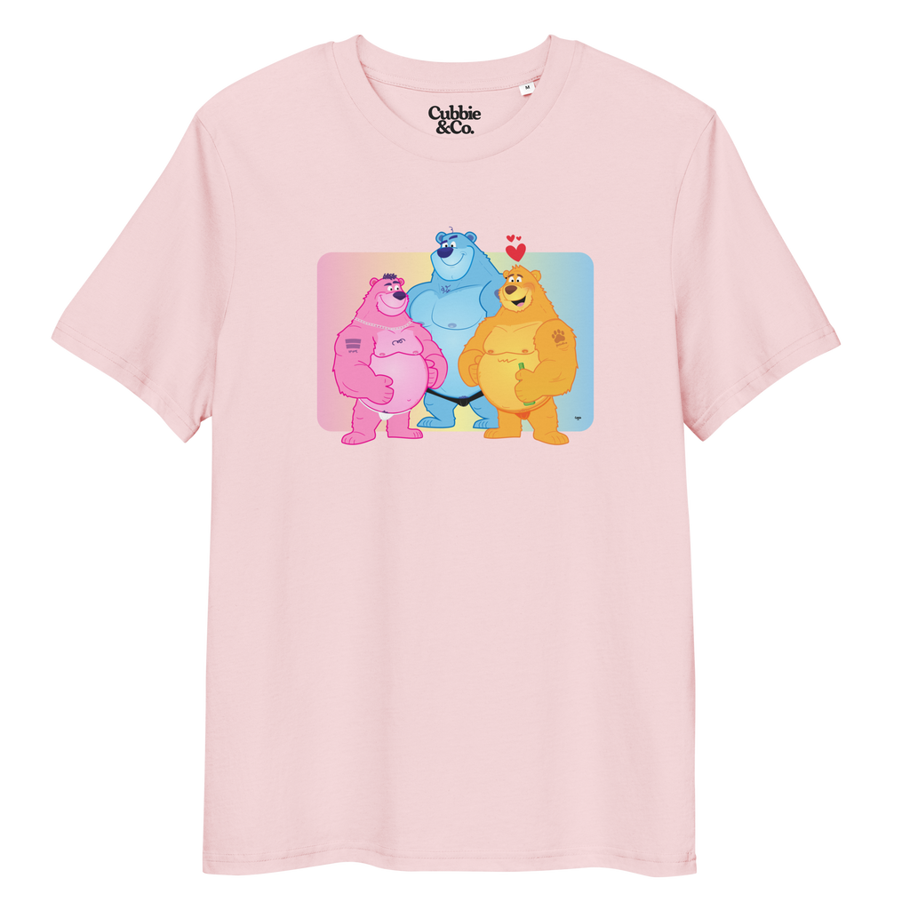 Cotton pink t-shirt featuring Jay, Knox and Oso bears posing in front of a rainbow gradient background