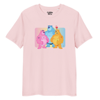 Cotton pink t-shirt featuring Jay, Knox and Oso bears posing in front of a rainbow gradient background