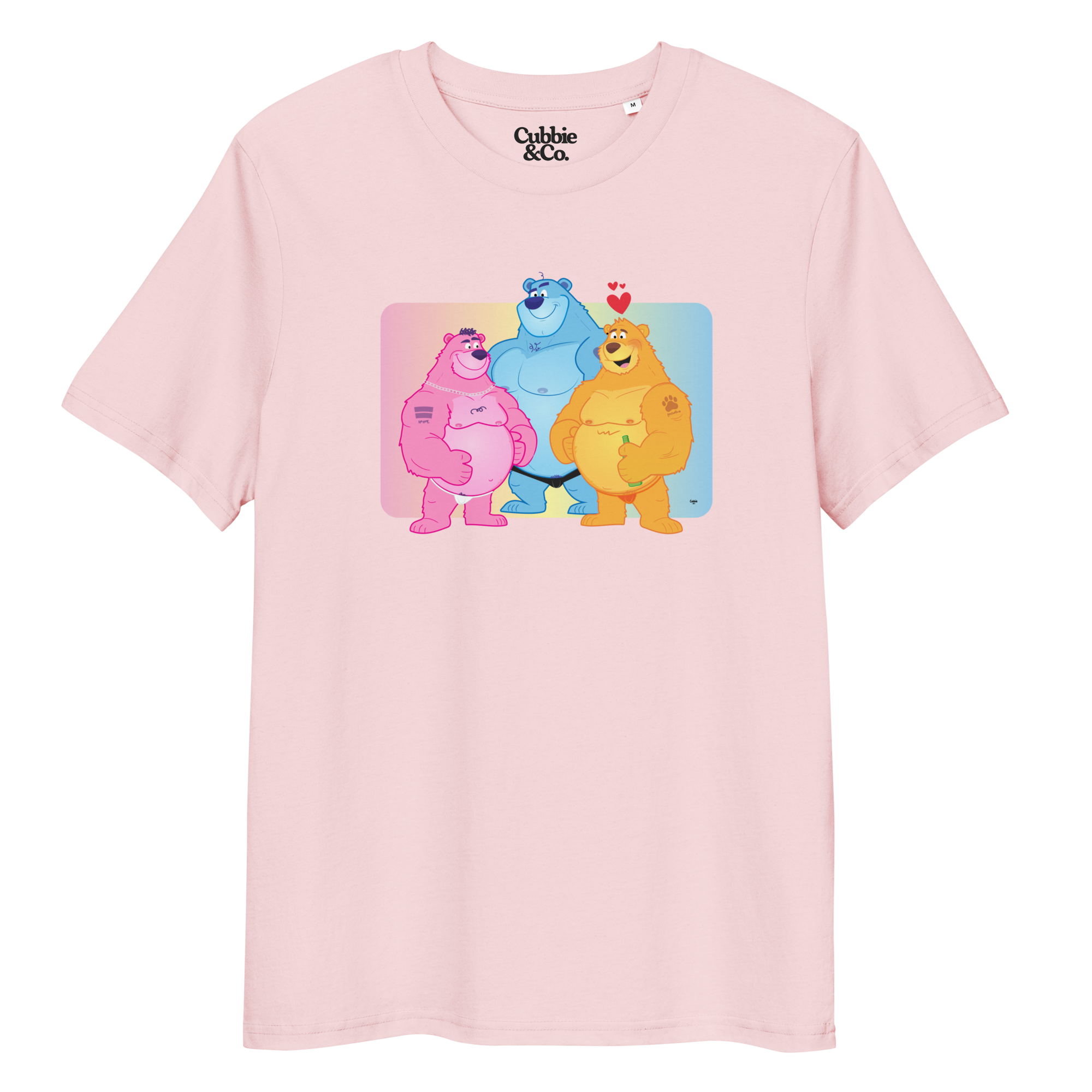 Cotton pink t-shirt featuring Jay, Knox and Oso bears posing in front of a rainbow gradient background