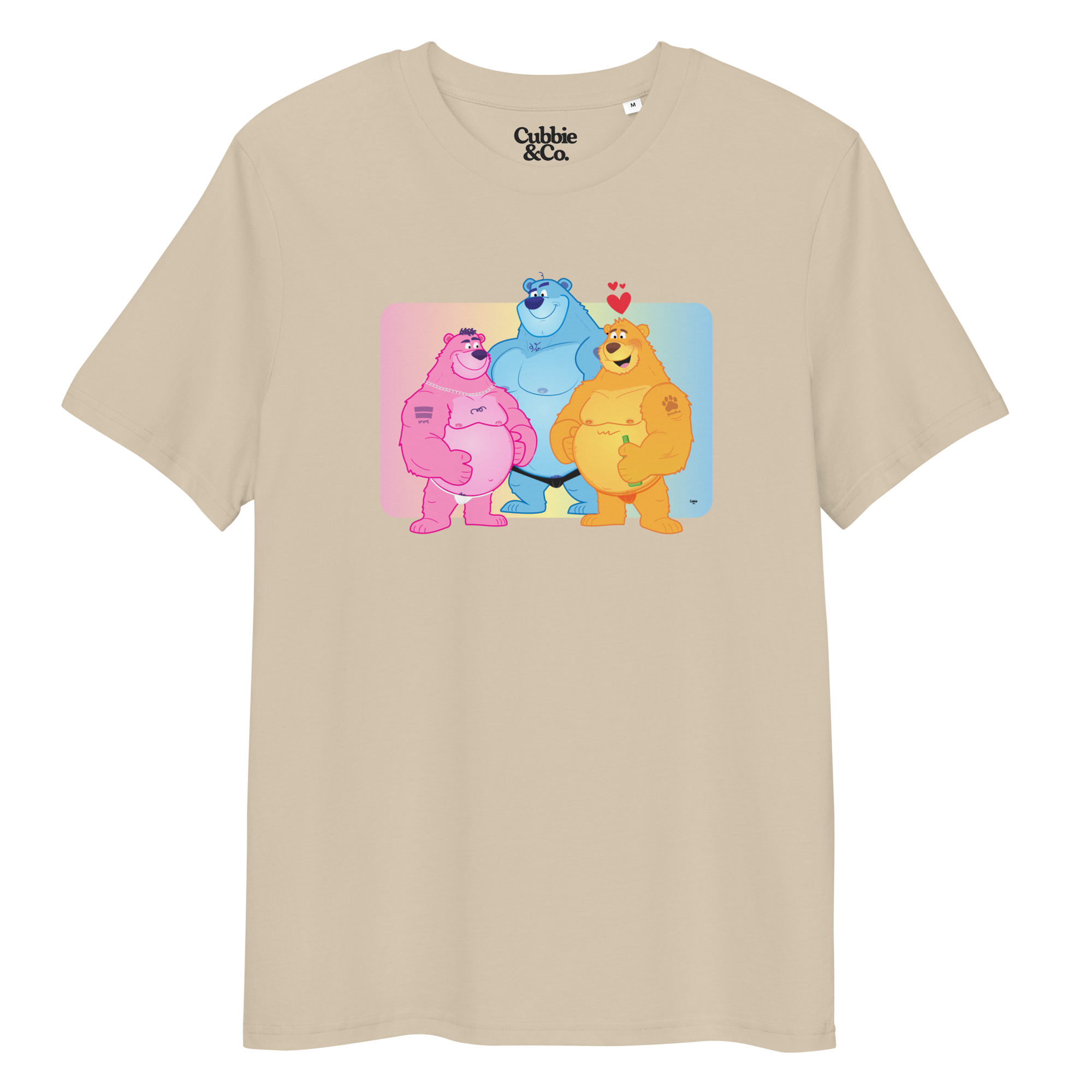 Desert dust t-shirt featuring Jay, Knox and Oso bears posing in front of a rainbow gradient background