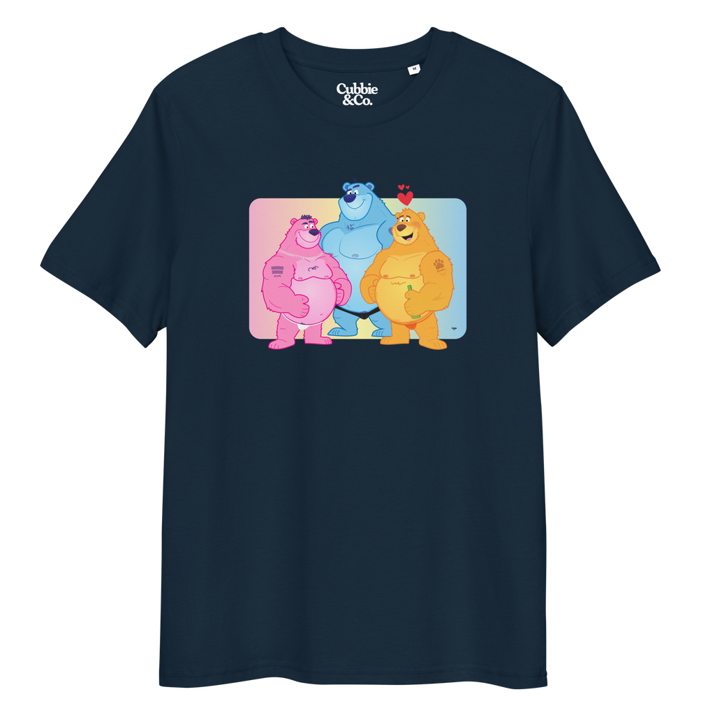 French navy t-shirt featuring Jay, Knox and Oso bears posing in front of a rainbow gradient background