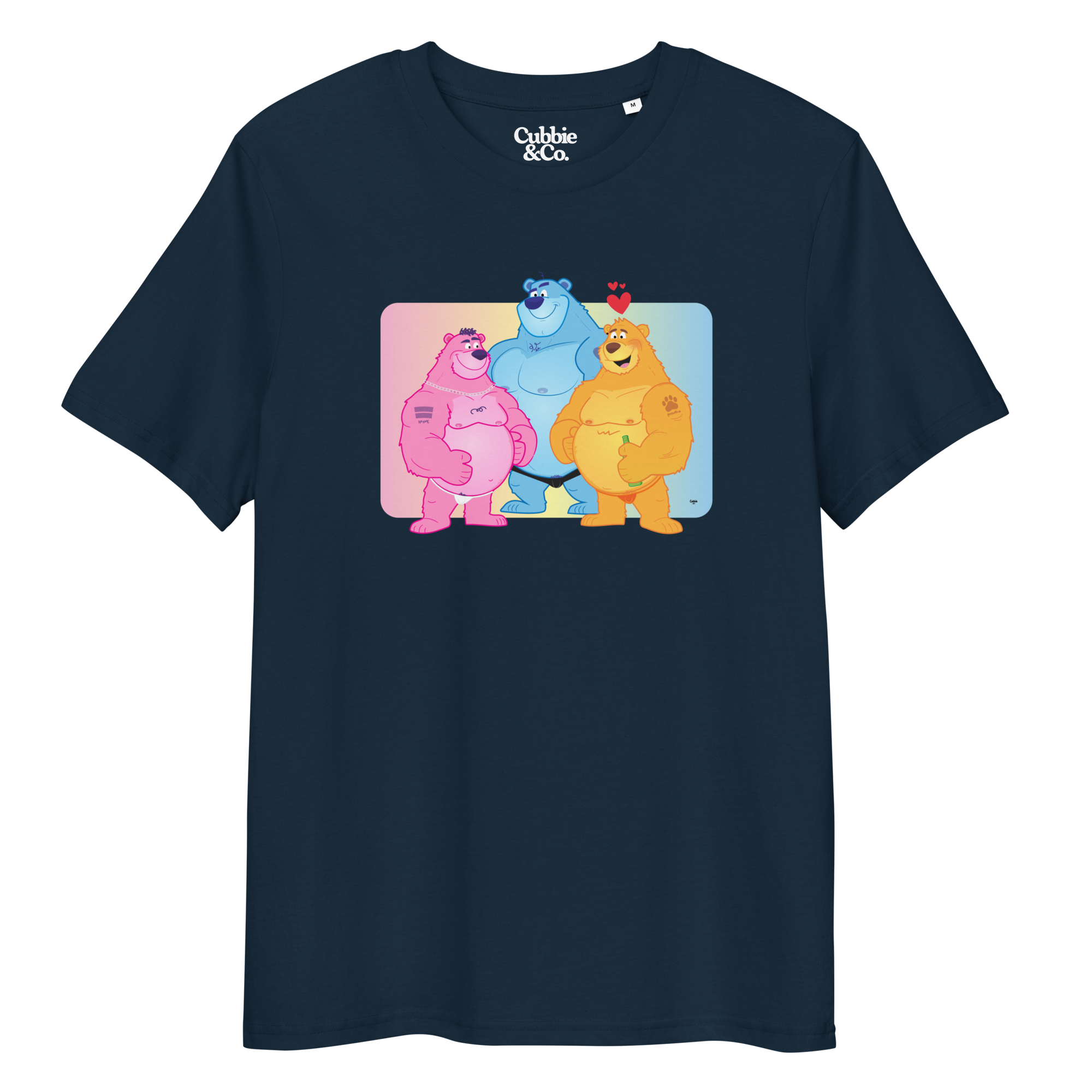 French navy t-shirt featuring Jay, Knox and Oso bears posing in front of a rainbow gradient background
