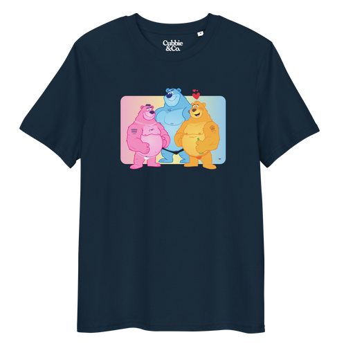 French navy t-shirt featuring Jay, Knox and Oso bears posing in front of a rainbow gradient background