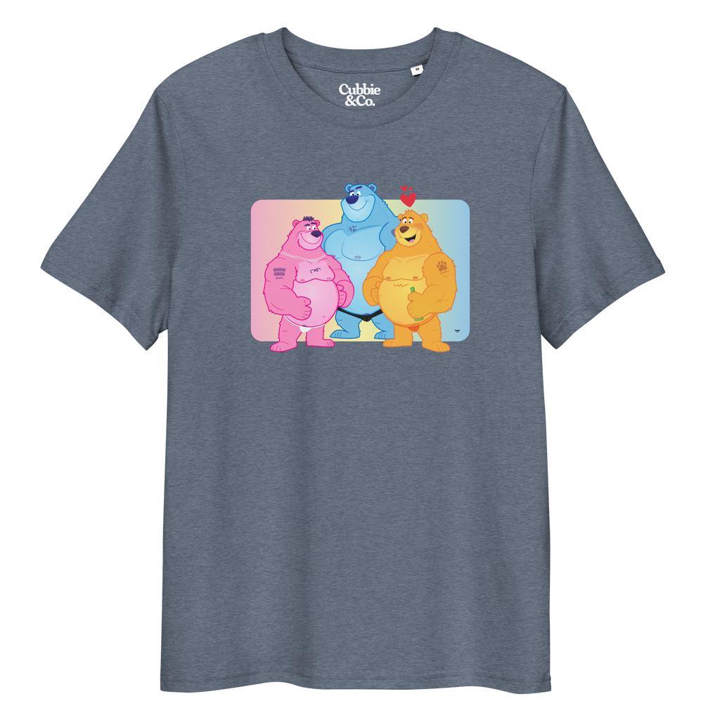Heather blue t-shirt featuring Jay, Knox and Oso bears posing in front of a rainbow gradient background
